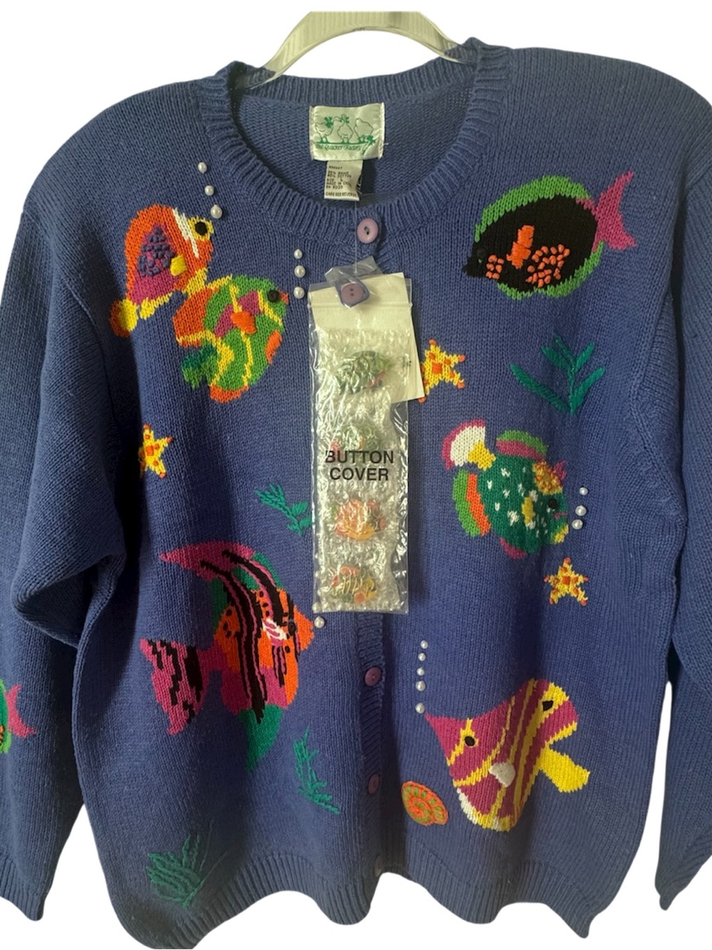 NWT Vintage 1990s  Quacker Factory Cardigan Tropical Fish Novelty Grannycore L